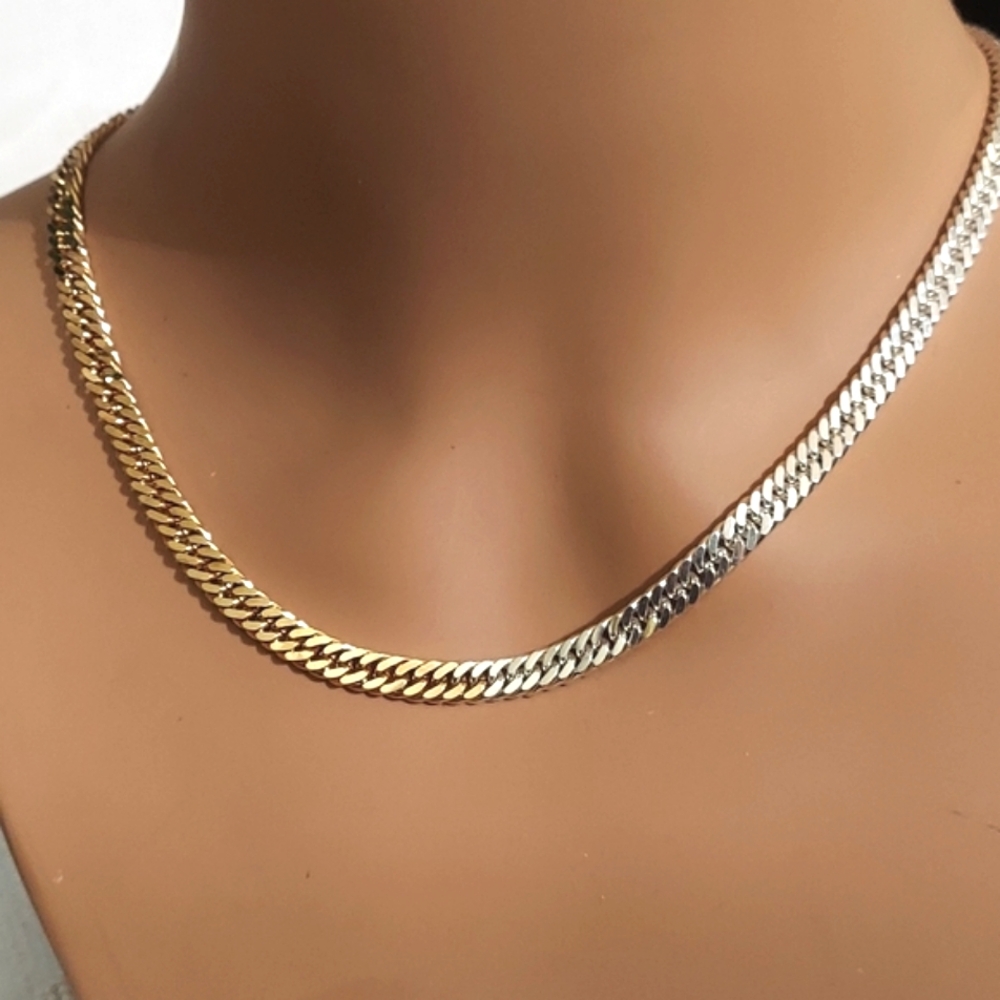 Dyadema Bronze Italy Two-Tone Gold Silver Herringbone Necklace 18" - Picture 4 of 12